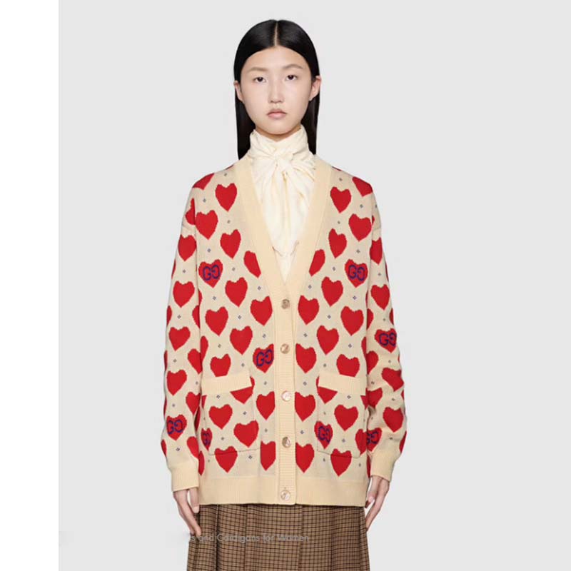 Gucci Women’s Les Pommes Cotton Heart Sweater White Hearts Knit Cotton Jacquard V-Neck