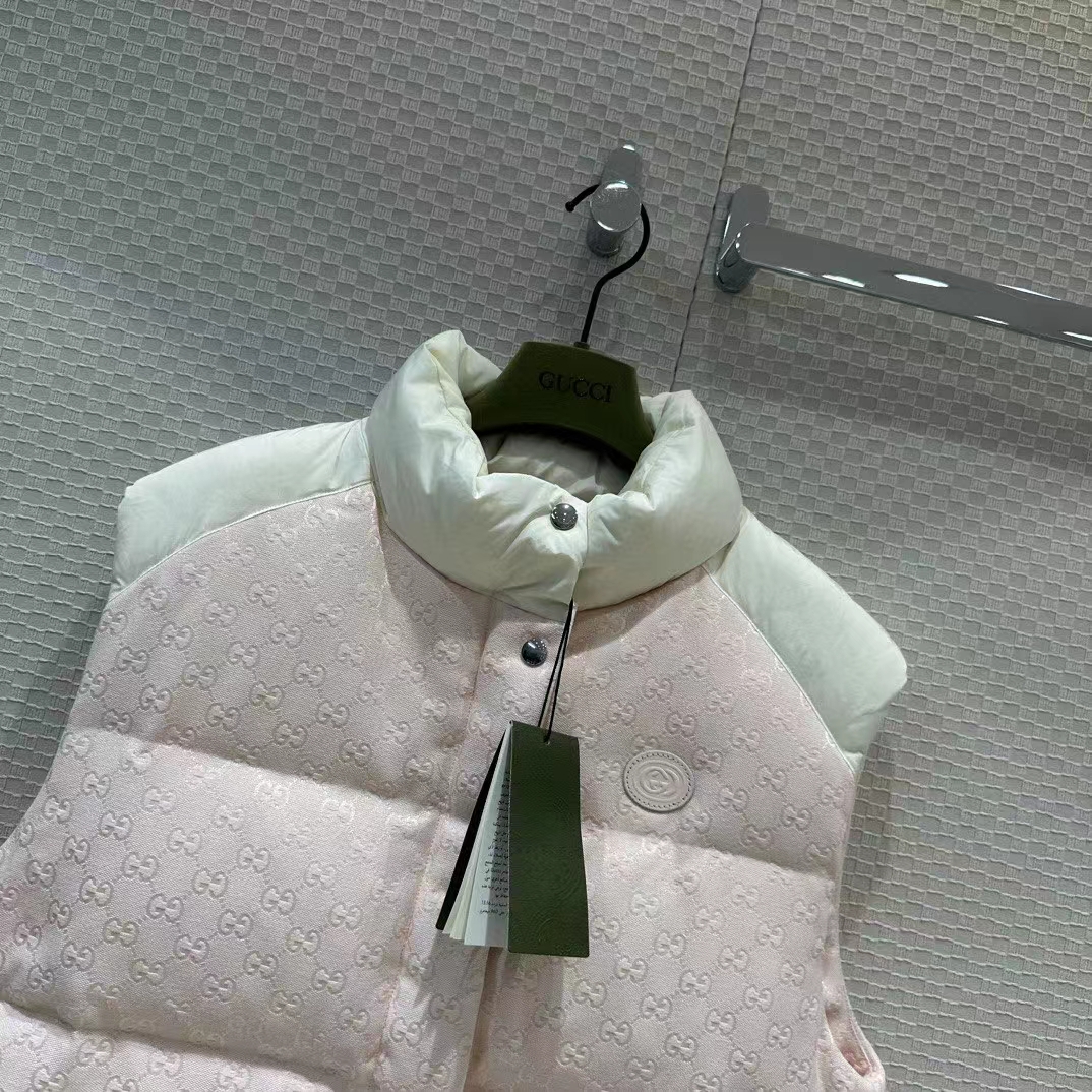 Gucci Women GG Cotton Canvas Padded Vest Pink Lined High Neck Sleeveless Two Side Pockets