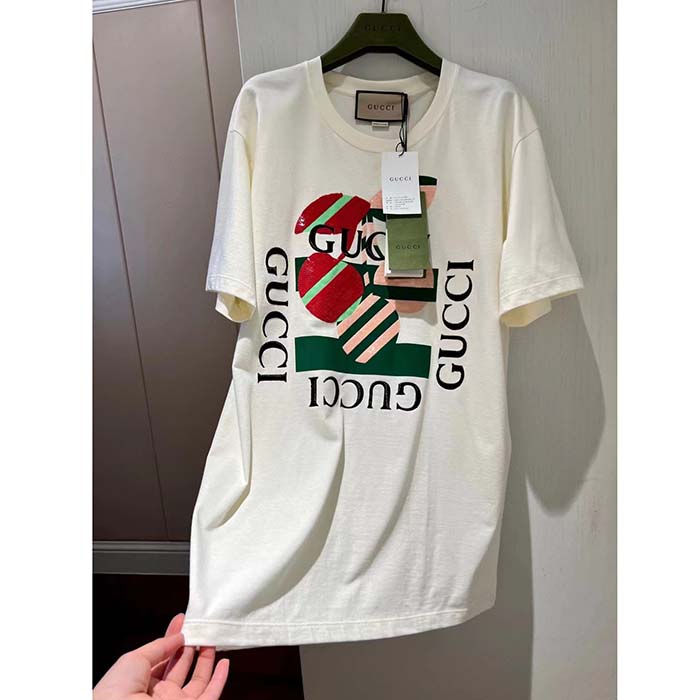 Gucci Women GG Cotton Jersey Printed T-Shirt Off White Cherry Sequin Embroidery