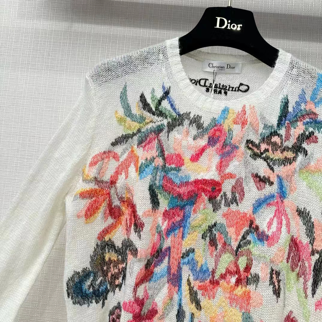 Dior Women CD Embroidered Sweater White Technical Mohair Alpaca Knit