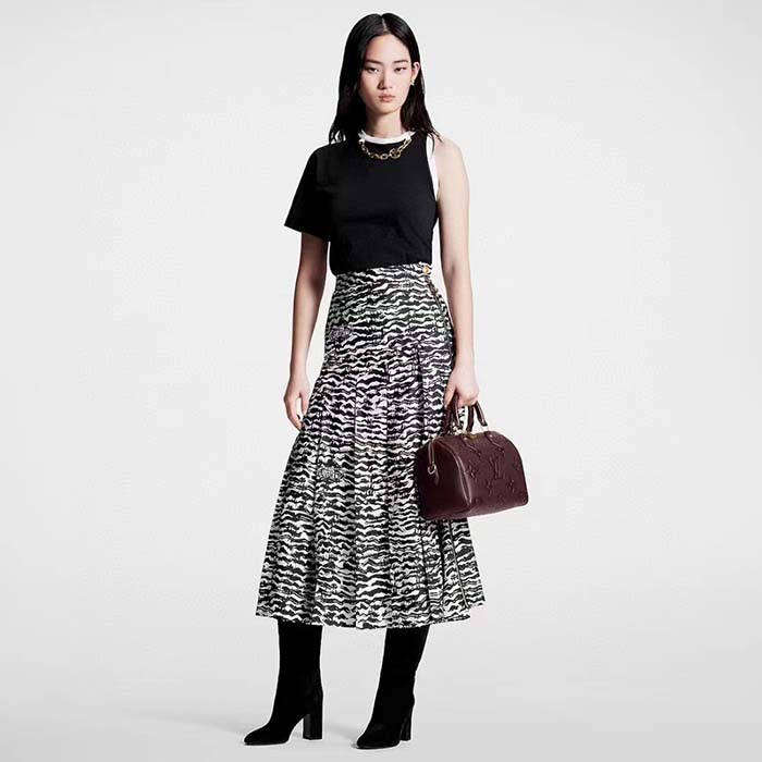 Louis Vuitton Women LV Ink Tiger Asymmetrical Pleat Midi Skirt Silk Black White Regular Fit