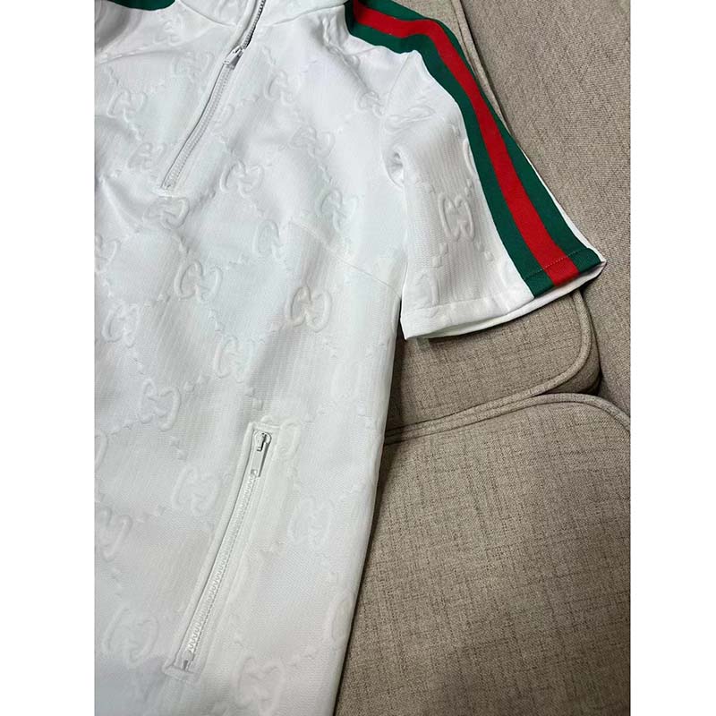 Gucci Women GG Jersey Jacquard Dress White High Neck Polyester Green Red Web