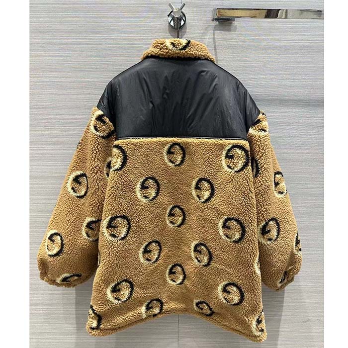 Gucci Women GG Wool Fleece Jacquard Zip Jacket Lined High Neck Dropped Shoulder Nylon Inserts