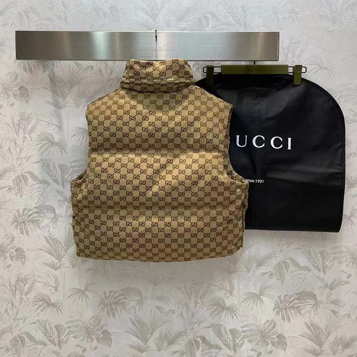 Gucci Women Canvas Padded Gilet GG Canvas Lined Concealed Hood High Neck Sleeveless