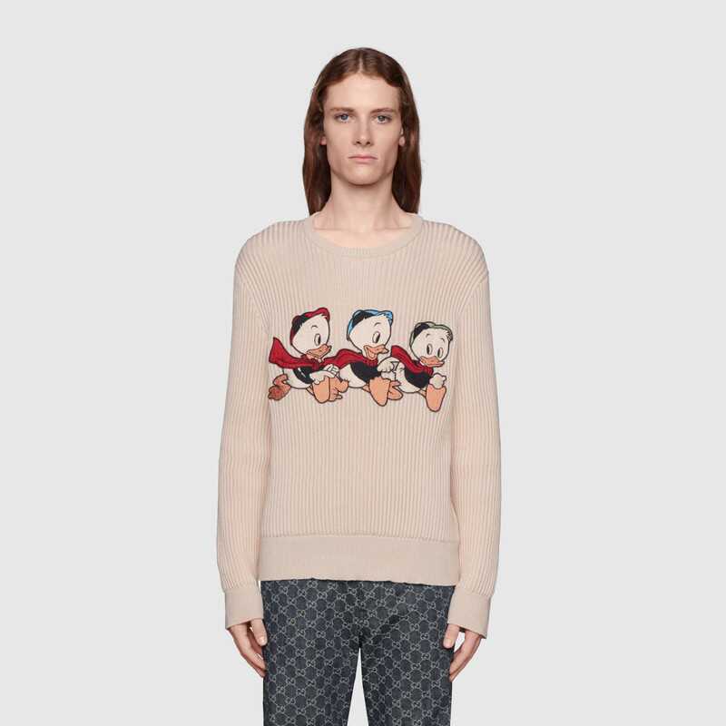 Gucci Men Disney x Gucci Donald Duck Cotton Wool Sweater Crewneck-White