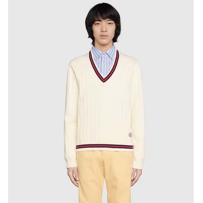 Gucci GG Men Cotton Knit V-Neck Sweater Web Ivory Interlocking G Patch Long Sleeves