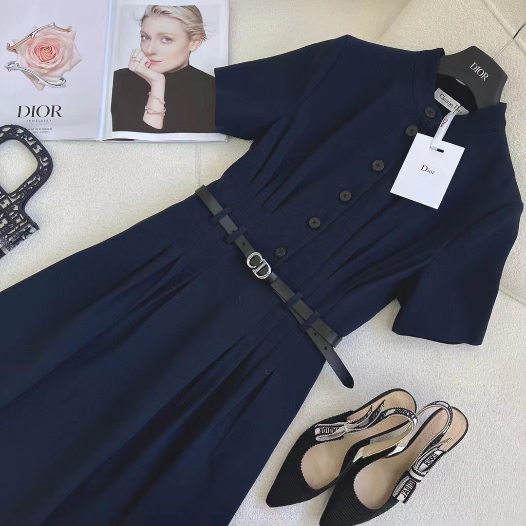 Dior Women CD Mid-Length Shirt Dress Gray Silk Tonal Belt Pleated Style Unlined