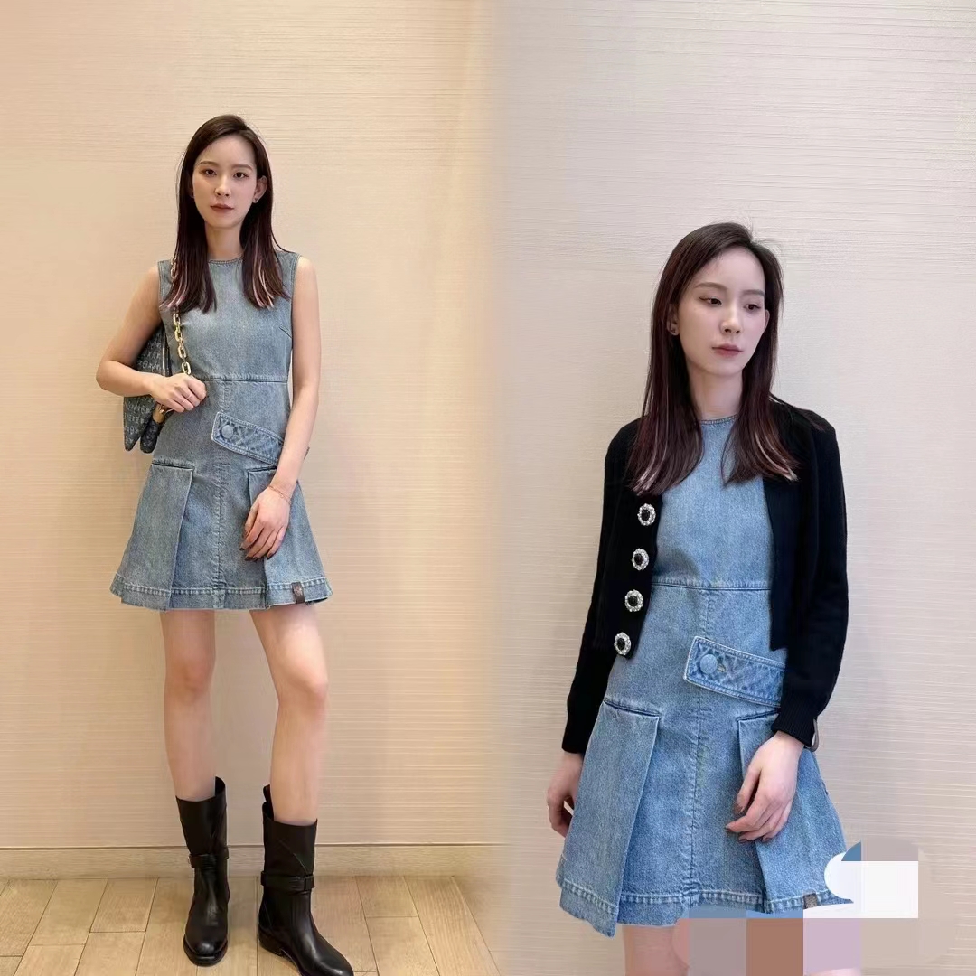 Louis Vuitton Women LV Denim Button Tab Pleat Dress Cotton Blue 1AFLXY