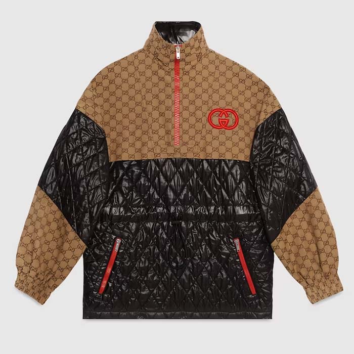 Gucci Men GG Canvas Nylon Zip Jacket Interlocking G Patch High Collar Drawstring Waistband