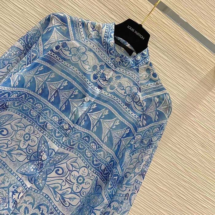 Louis Vuitton Women LV Monogram Tile Long Shirt Dress Cotton Blue White Regular Fit