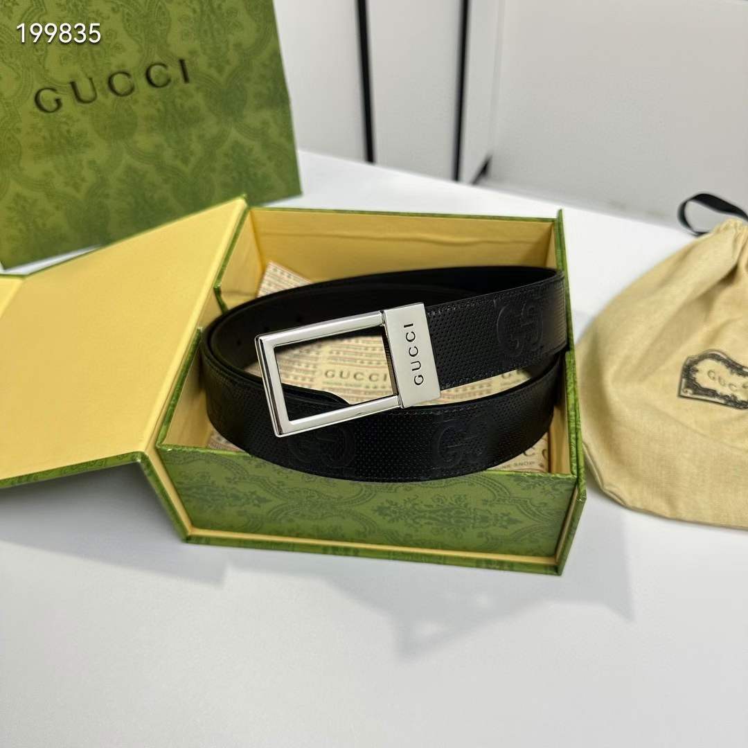 Gucci Unisex GG Belt Rectangular Buckle Black Leather 3.6 CM Width