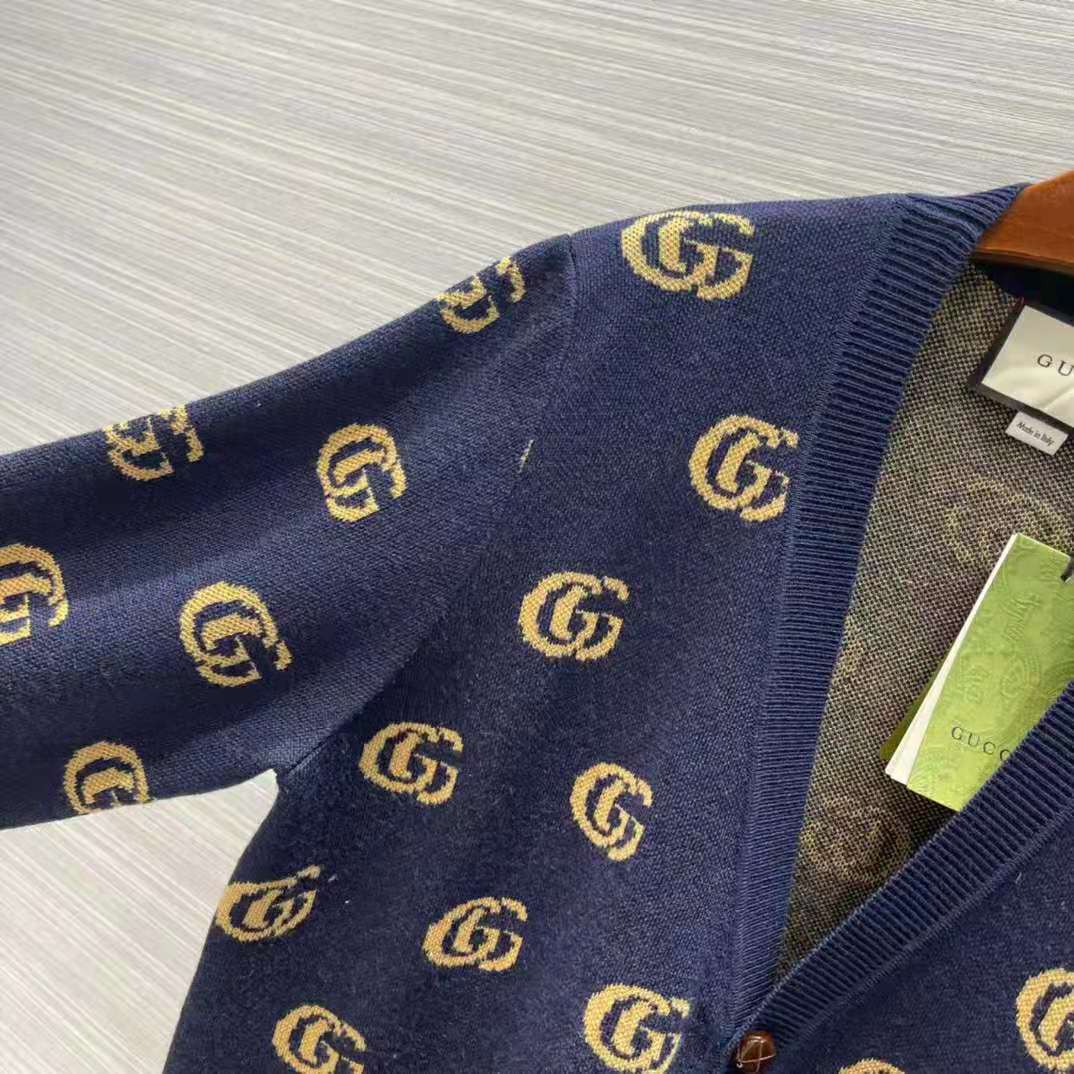 Gucci Women Double G Jacquard Wool Cardigan Front Pockets Blue and Beige