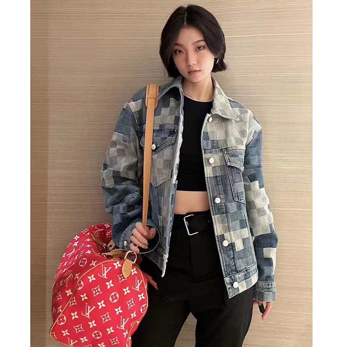 Louis Vuitton Women LV Runaway Damier Classic Denim Jacket Regular Fit Allover Damoflage Jacquard