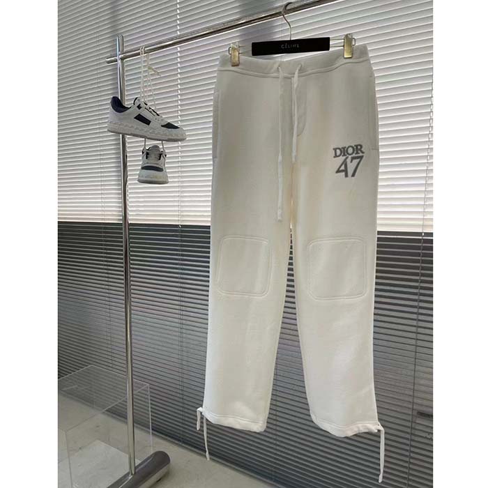 Dior Men CD Track Pants White Cotton Fleece Dior 47 Embroidery Pockets