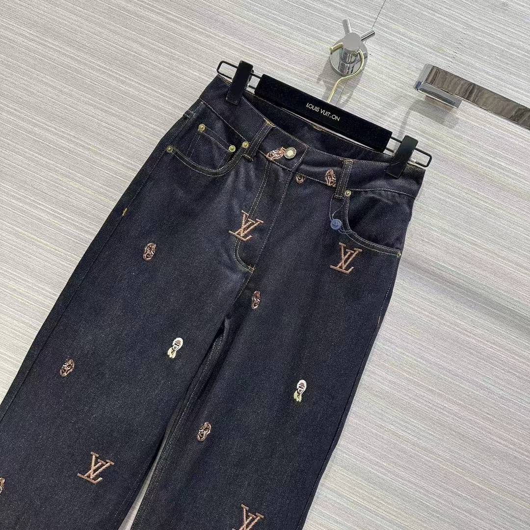 Louis Vuitton Women LV RUNWAY Embroidered Bootcut Denim Pants Indigo Cotton 1AFI93