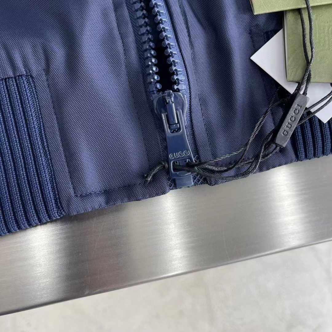 Gucci Men GG Nylon Canvas Zip Jacket Dark Blue Interlocking G Embroidered High Neck