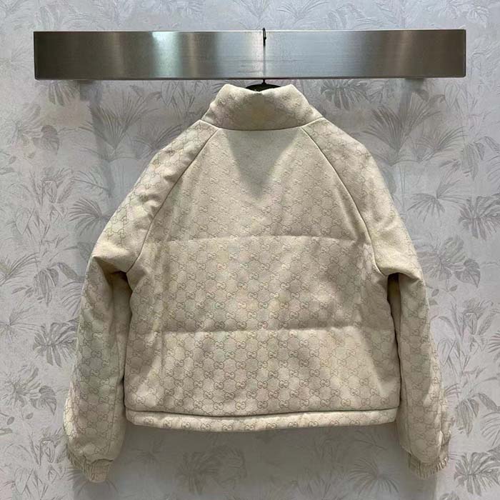 Gucci Women GG Canvas Bomber Jacket Cream Self-Covered Buttons Interlocking G Lined High Neck