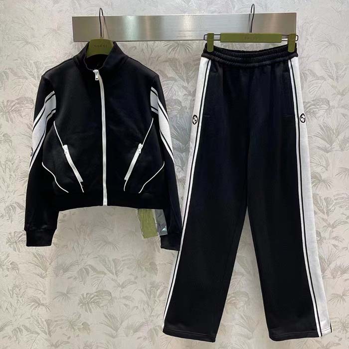 Gucci GG Women Cotton Jersey Zip Jacket Black Lightweight Felted Point Collar Long Sleeves