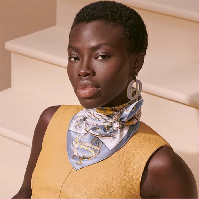 Hermes Women Les Voitures Nouvelles Scarf 70 Silk Bleu Beige