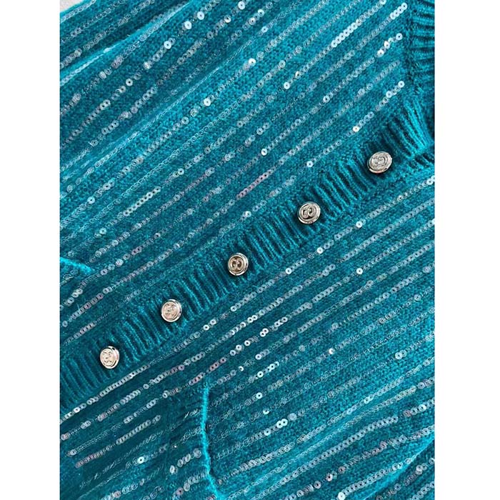Gucci Women GG Mohair Silk Cardigan Teal Blend Sequin Embroidery Crewneck Long Sleeves
