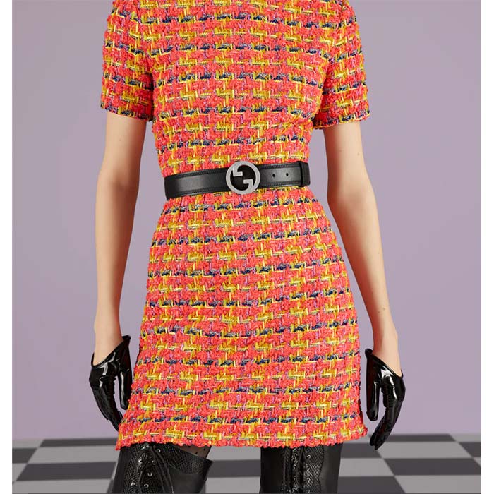 Gucci Unisex Blondie Belt Black Leather Round Interlocking G Buckle Palladium-Toned Hardware 4 CM Width