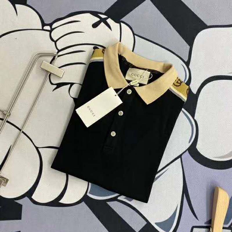 Gucci GG Women Polo with Interlocking G Stripe Black Cotton