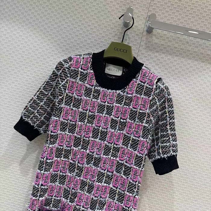 Gucci Women GG Cotton Dress Black Pink Blend Double G Buttons Intarsia Crewneck Short Sleeves