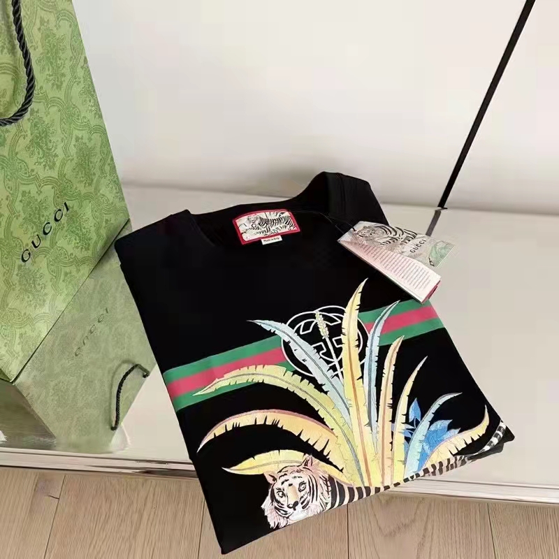 Gucci GG Women Gucci Tiger Flower T-shirt Black Cotton Jersey Crewneck