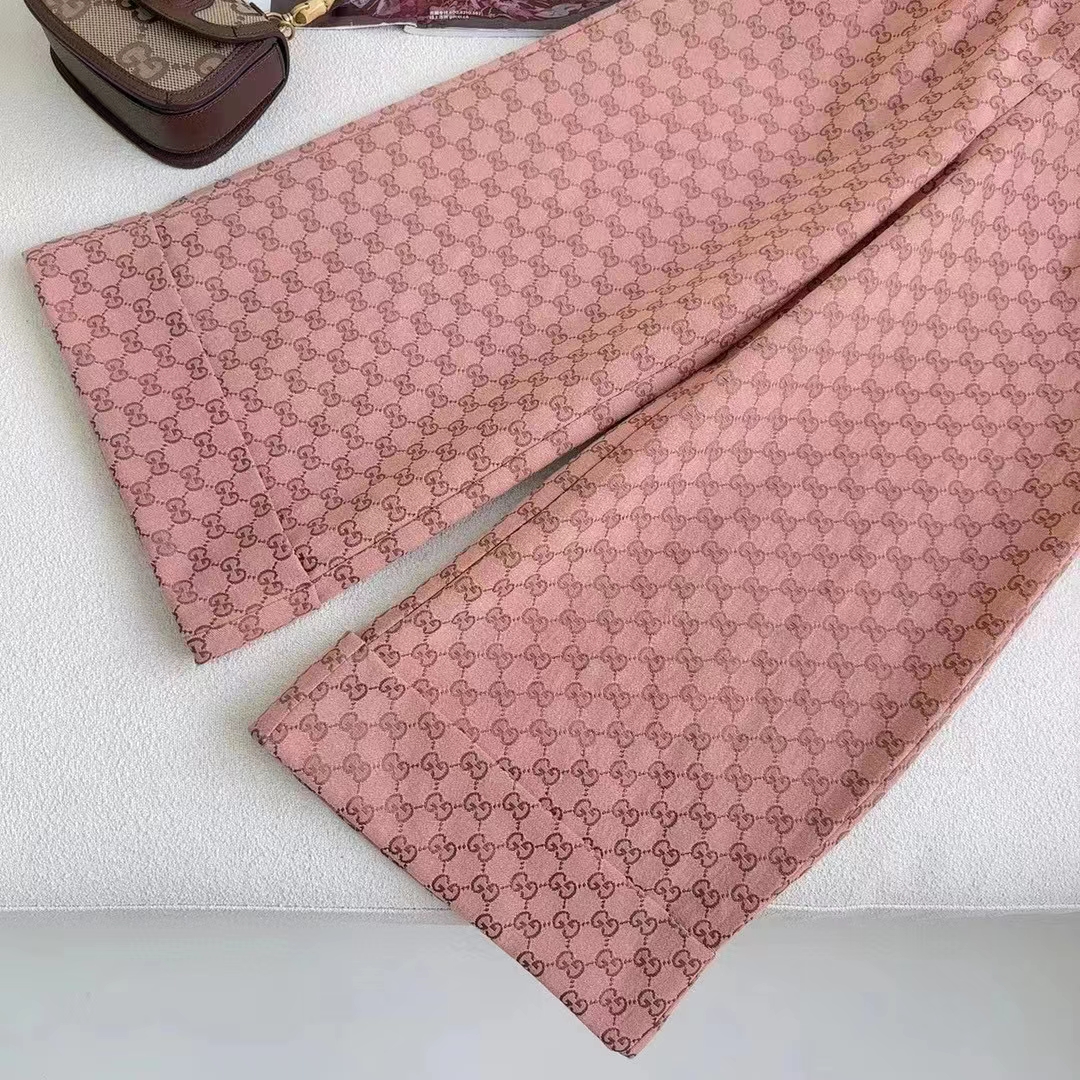 Gucci Women GG Cotton Canvas Pant Light Pink Brown Unlined Fitted Waistband Two Back Pockets