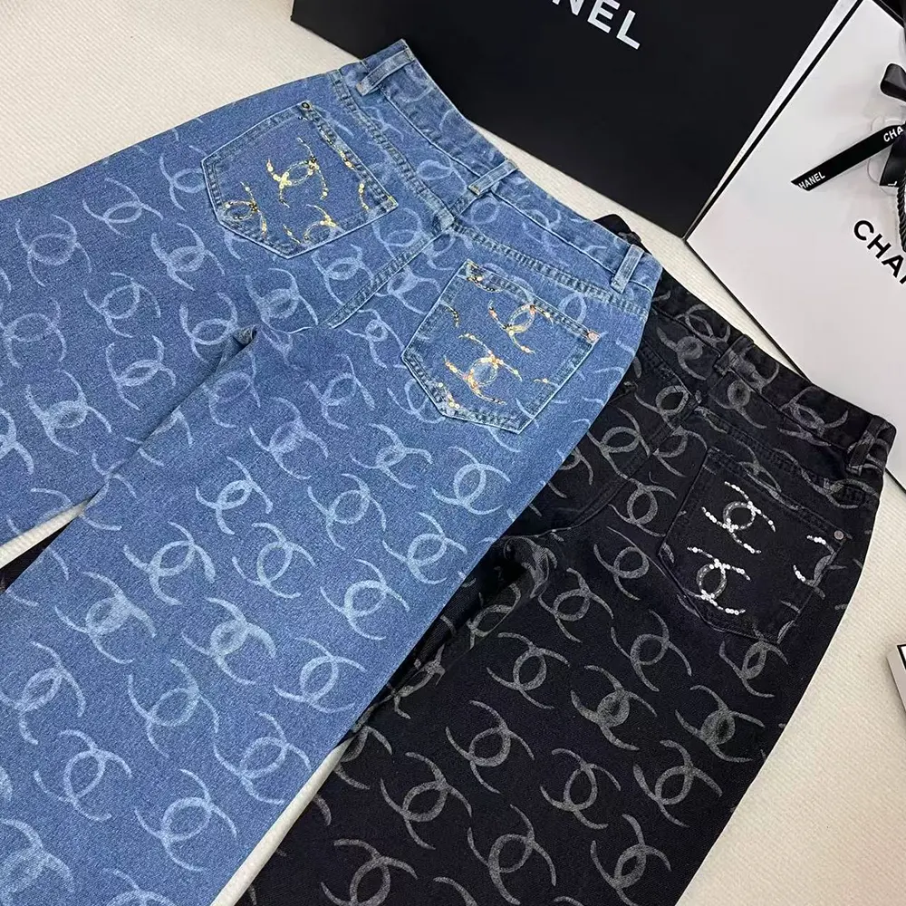 Chanel Women CC Jeans Flared Jeans in Black Washed Denim