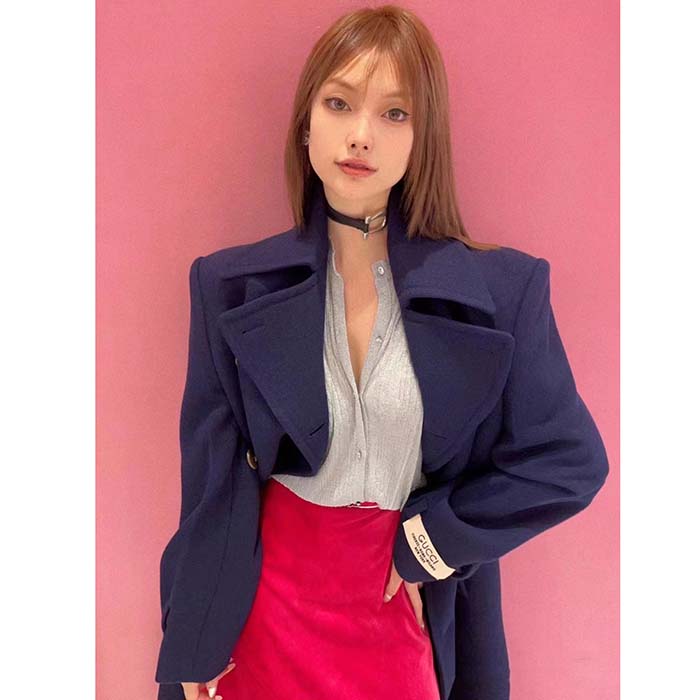 Gucci Women GG Felt Wool Coat Dark Navy Metal Buttons Gucci Cities Label Fully Lined