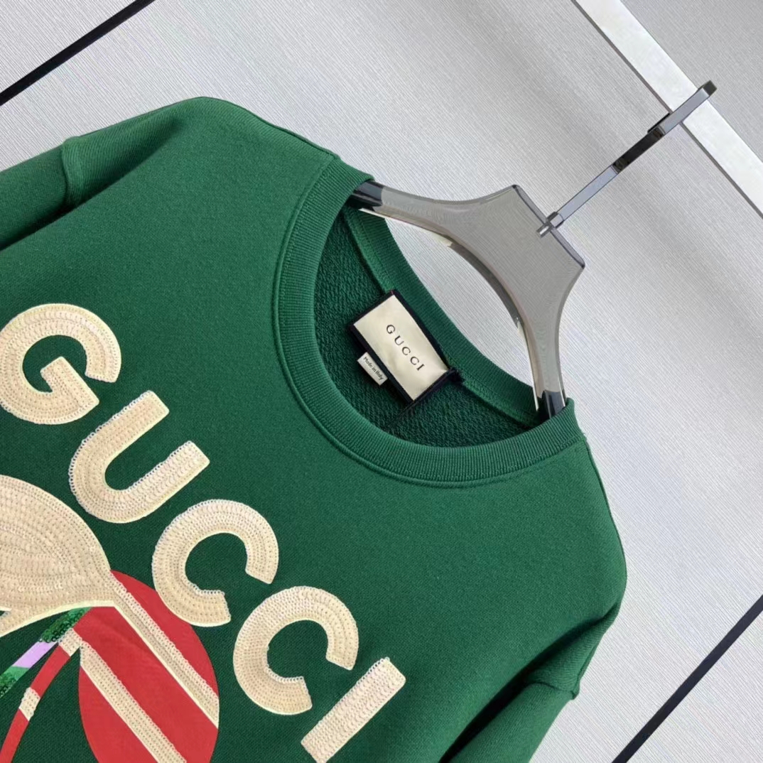 Gucci Women GG Cotton Jersey Sweatshirt Green Light Felted Crewneck Long Sleeves