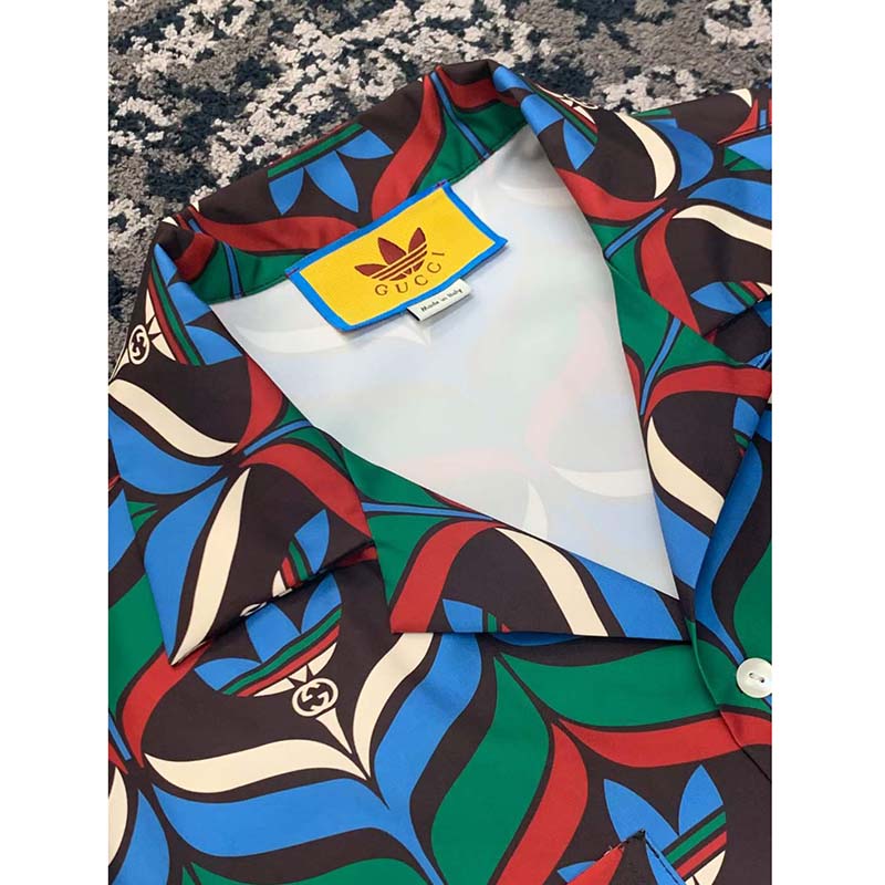 Gucci GG Women Adidas x Gucci Trefoil Print Bowling Shirt Straight Hem Side Vents Viscose