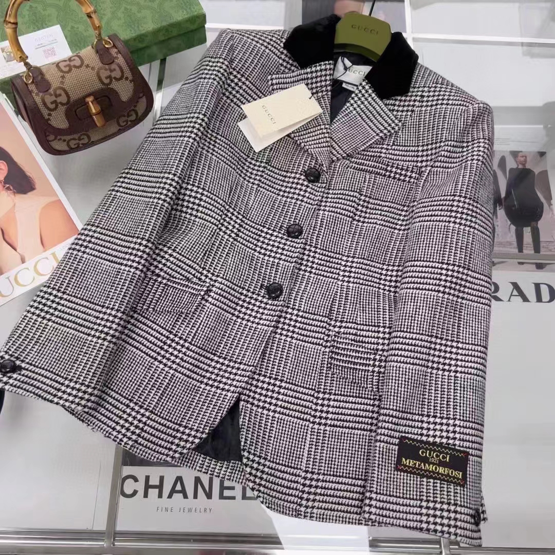 Gucci Women GG Prince Wales Check Jacket Black White Long Sleeves Flap Pockets