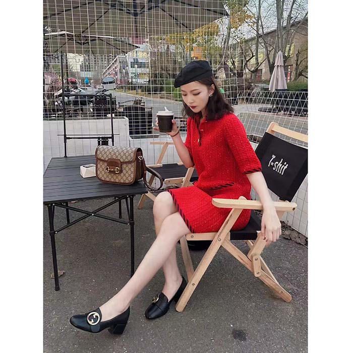 Gucci Women GG Cable Stitch Wool Dress Red Polo Collar Short Sleeves