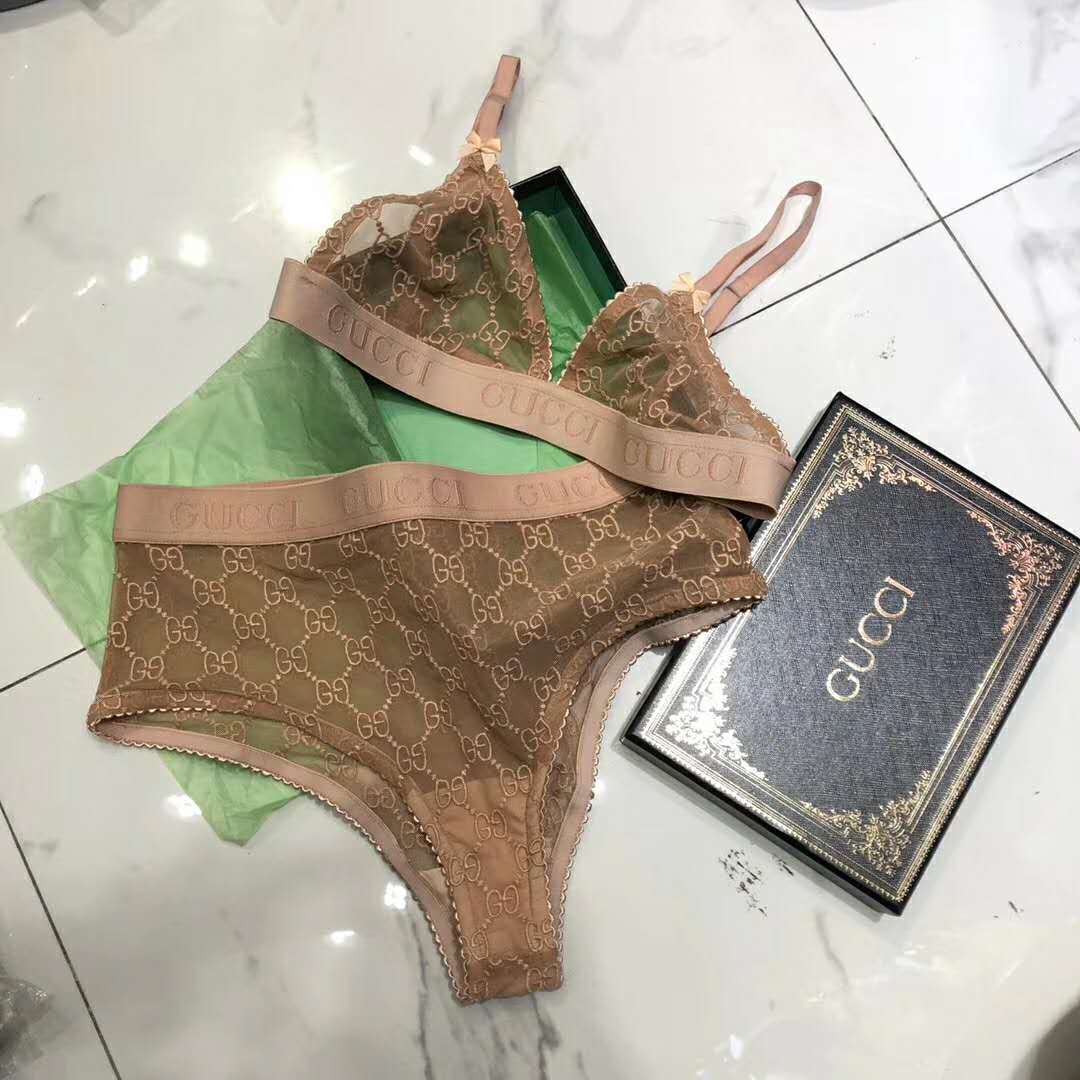Gucci GG Tulle Lingerie Set GG Embroidered Tulle Cotton-Sandy