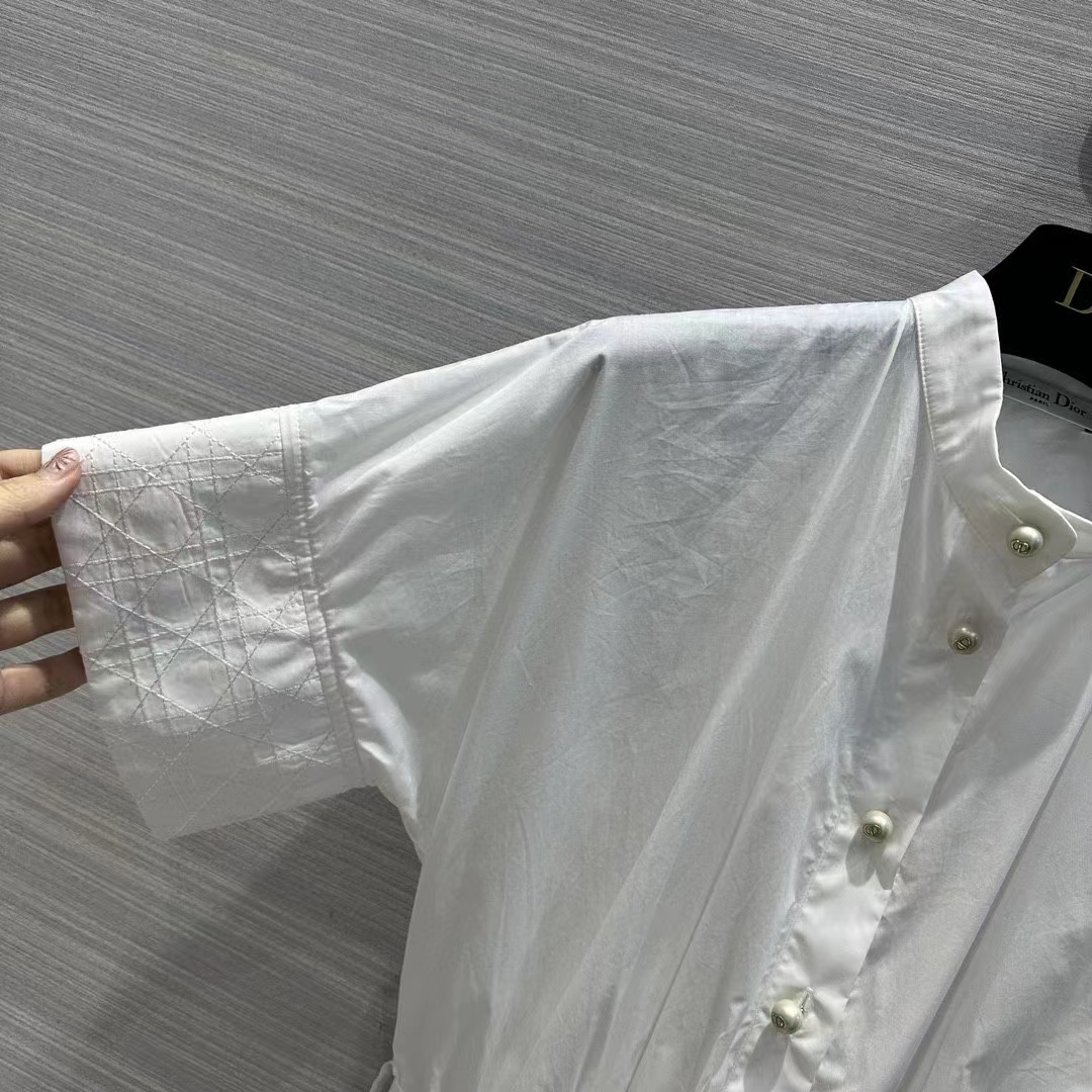 Dior Women CD Mid-Length Belted Macrocannage Dress Ecru Cotton