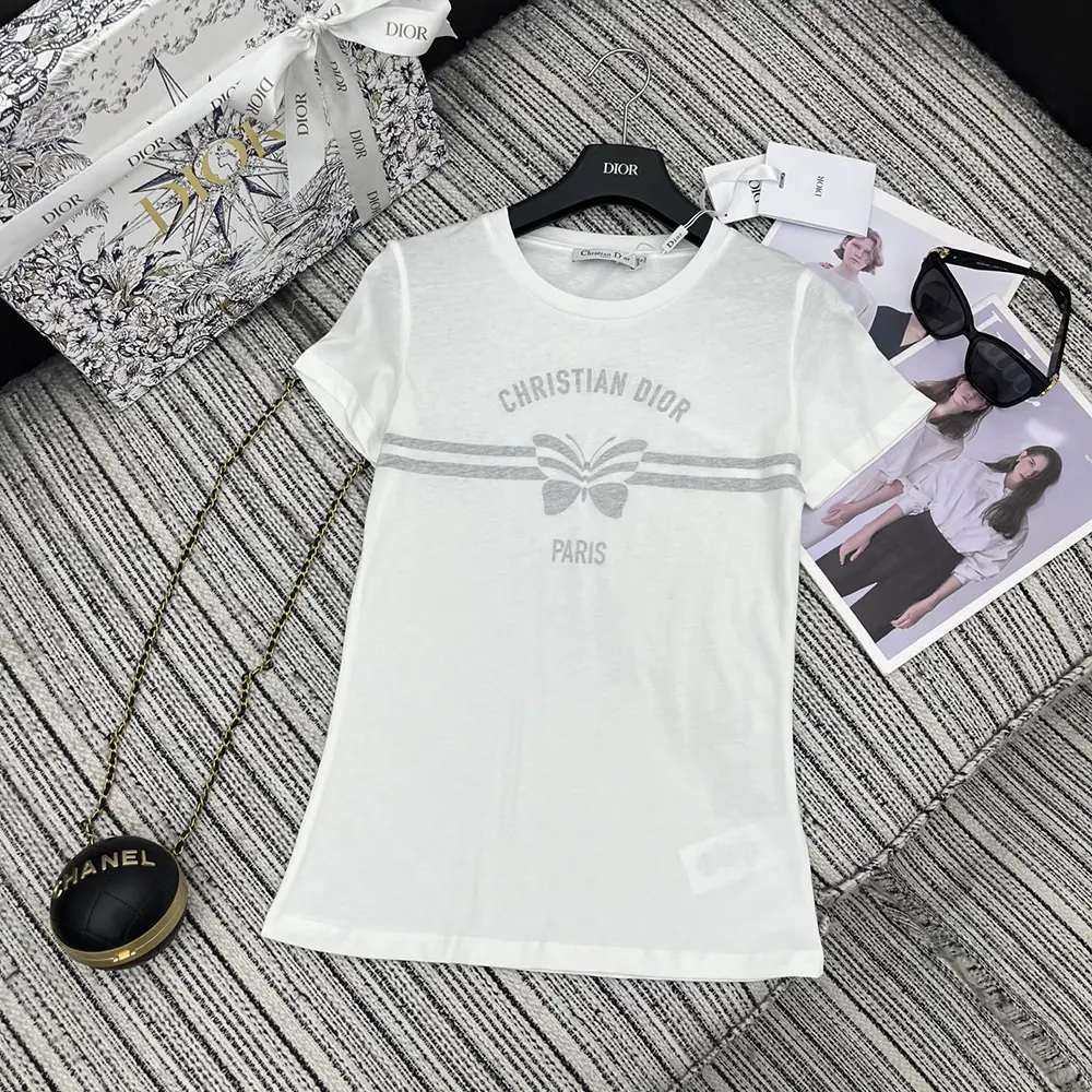 Dior Women T-Shirt White Cotton and Linen Jersey with Gray Christian Dior Papillon Motif