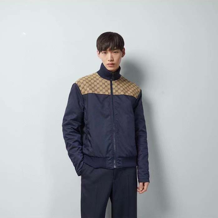 Gucci Men GG Nylon Canvas Zip Jacket Dark Blue Interlocking G Embroidered High Neck