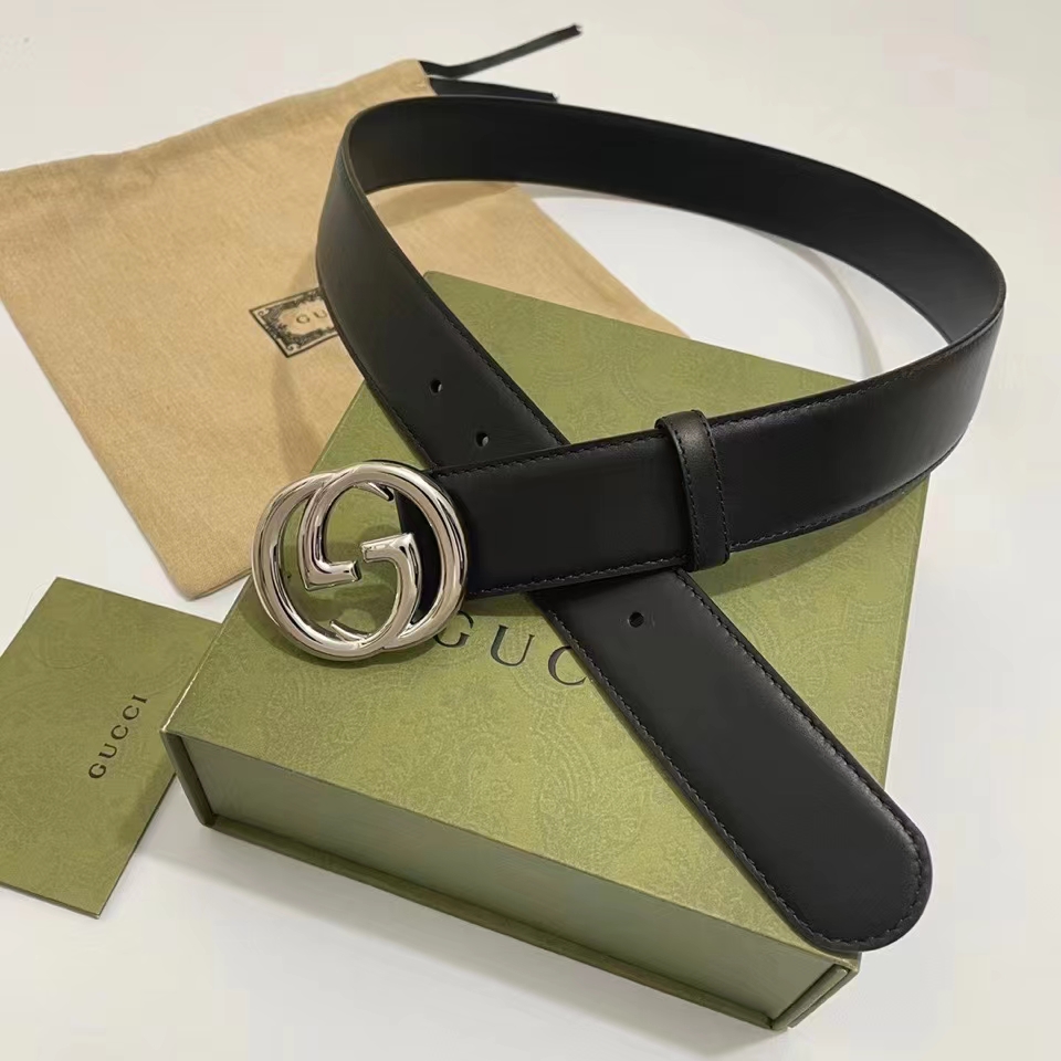 Gucci Unisex GG Blondie Belt Black Leather Round Interlocking G Buckle 4 CM Width