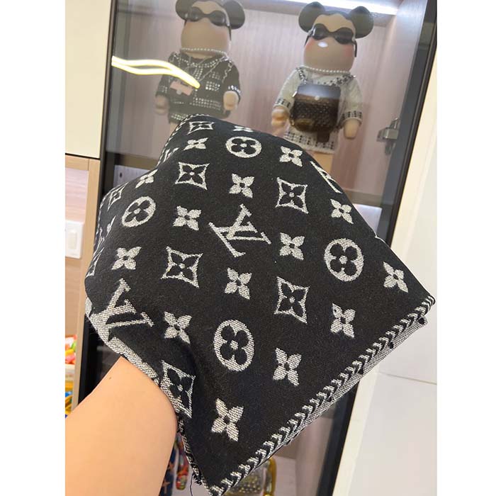 Louis Vuitton LV Unisex Simply LV Scarf Black Fringed Finish Contrasting Monogram Motif