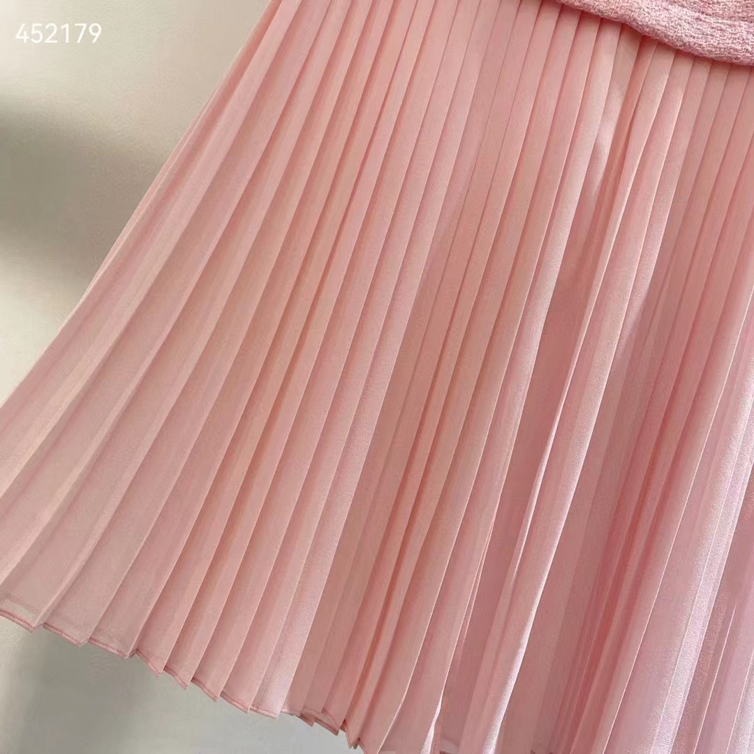 Gucci Women GG Silk Tweed Layered Skirt Pink Fitted Waistband Front Split Style ‎760862 ZAPUO 5642