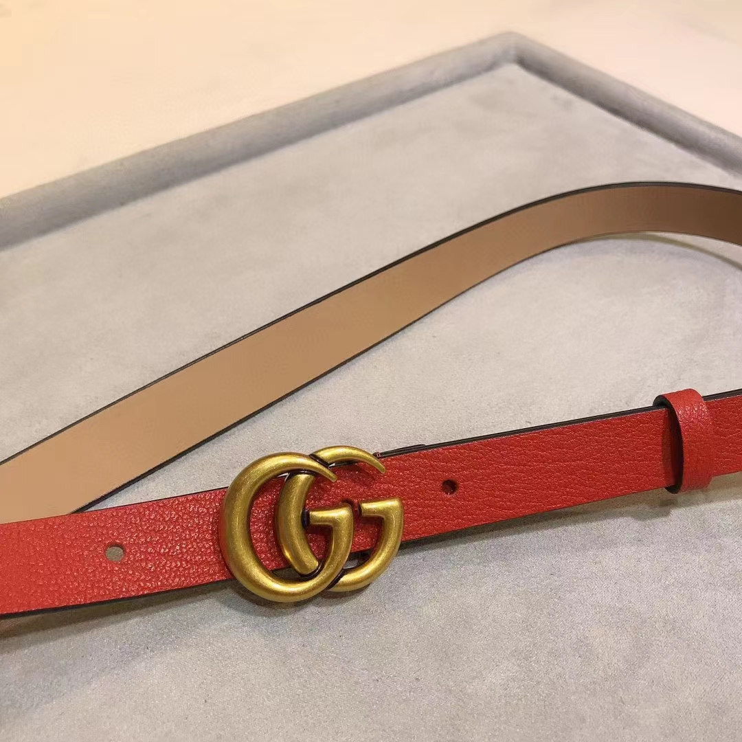 Gucci Unisex Marmont Reversible Thin Belt Red Leather Double G Buckle