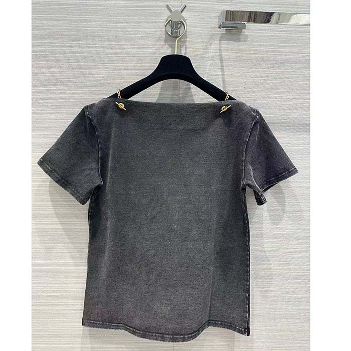 Louis Vuitton LV Women Bateau Neck T-Shirt Cotton Metal Grey Regular Fit