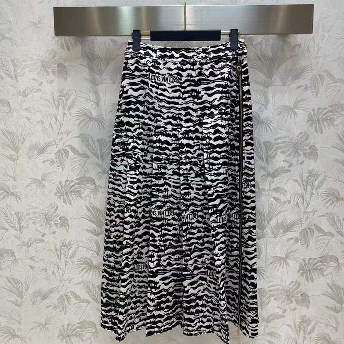 Louis Vuitton Women LV Ink Tiger Asymmetrical Pleat Midi Skirt Silk Black White Regular Fit