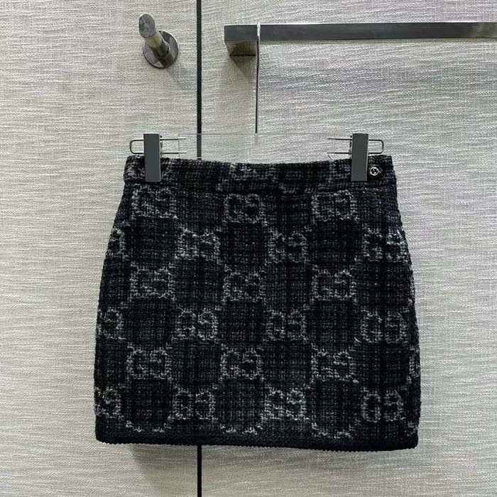 Gucci Women GG Tweed Skirt Dark Grey Lined Fitted Waistband Two Side Pockets Mini Length Style ‎774516 ZAPA4 1074