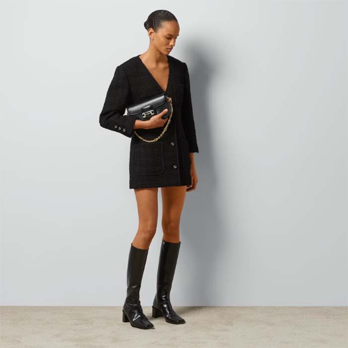 Gucci GG Women Tweed Mélange Jacket Black Self-Covered Buttons Interlocking G Lined V-Neck