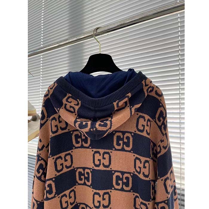 Gucci Women GG Cotton Jacquard Hooded Sweater Beige Dark Blue Dropped Shoulder Kangaroo Pocket