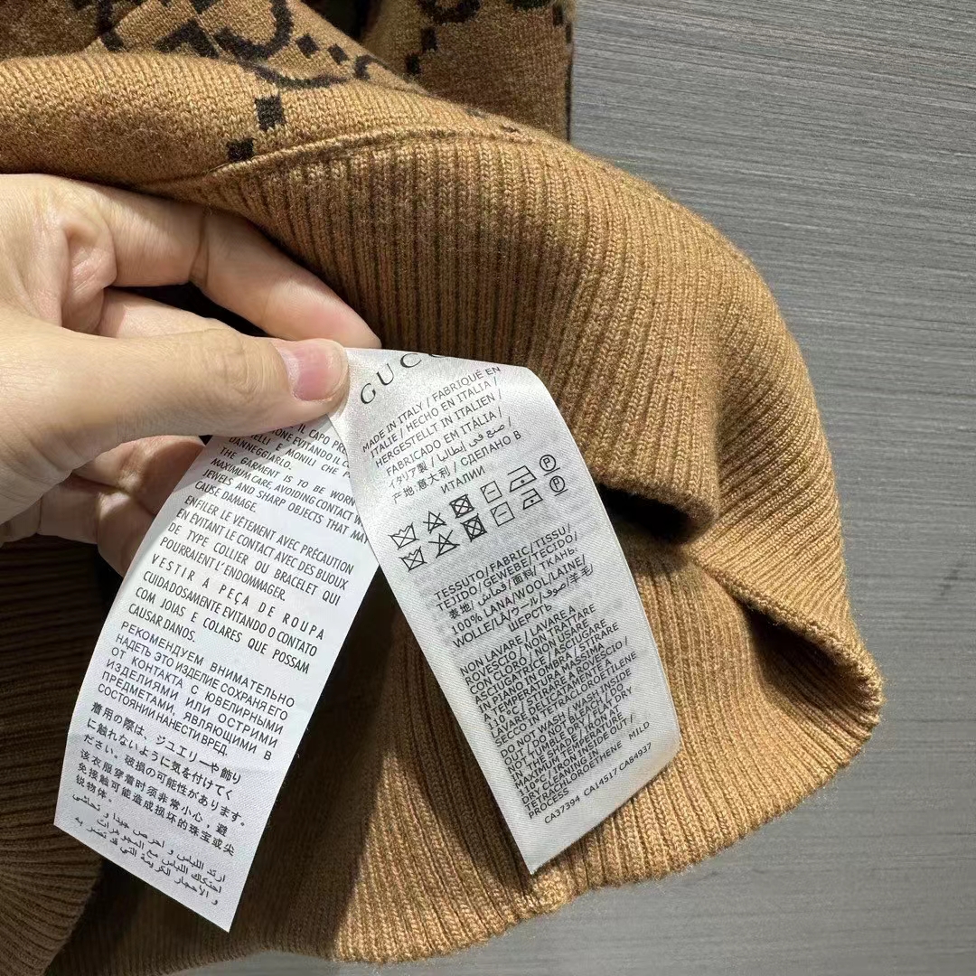 Gucci Women GG Wool Hooded Sweatshirt Camel Ebony Fixed Hood Kangaroo Pocket Rib