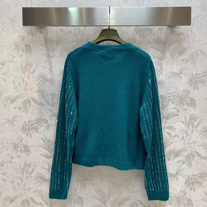 Gucci Women GG Mohair Silk Cardigan Teal Blend Sequin Embroidery Crewneck Long Sleeves